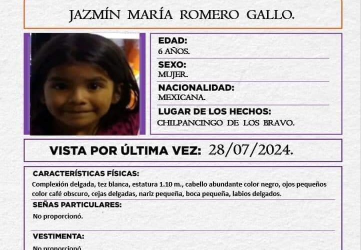 Reportan desaparición de una niña de 6 años en Chilpancingo.