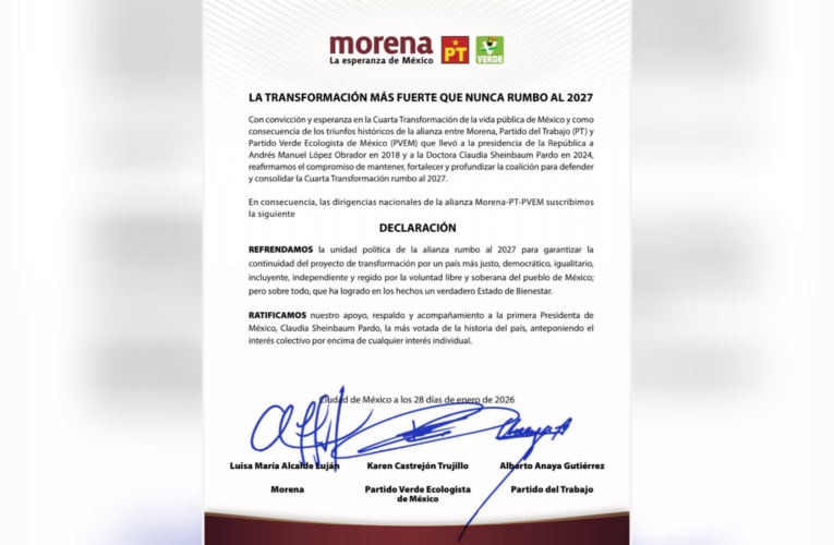 Morena, PT y PVEM refrendan alianza rumbo a 2027 y cierran filas con Sheinbaum