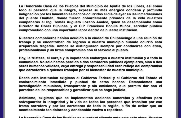 Condena Casa de los Pueblos de Ayutla asesinato de dos funcionarios y exige justicia