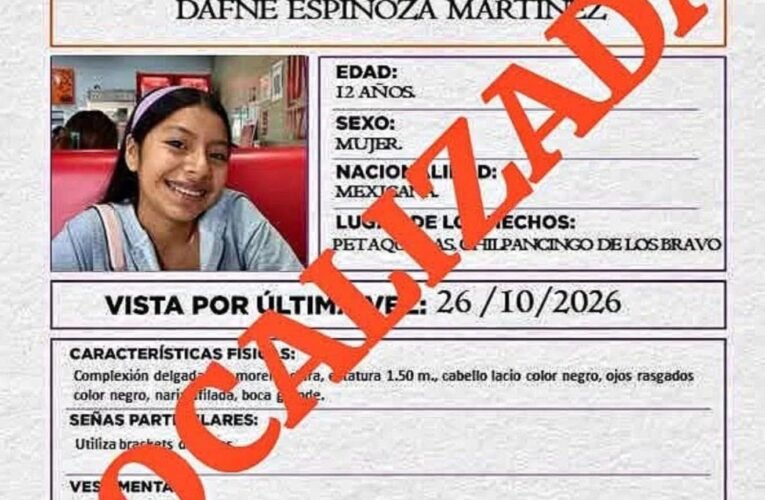 Localizan en Chilpancingo a menor de 12 años reportada como desaparecida en Petaquillas