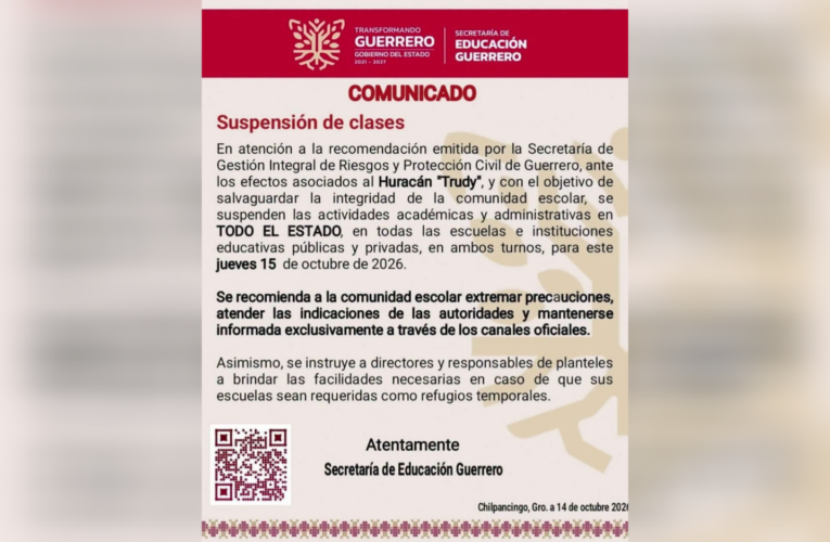 Suspenden clases en Guerrero este jueves por la tormenta tropical Trudy